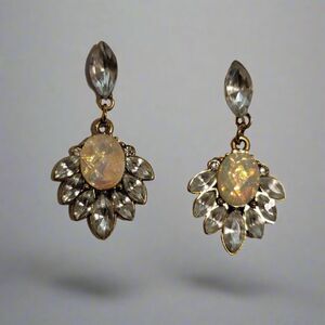 Vintage Gold Tone Rhinestone Dangle Earrings – Opalescent & Clear Stones